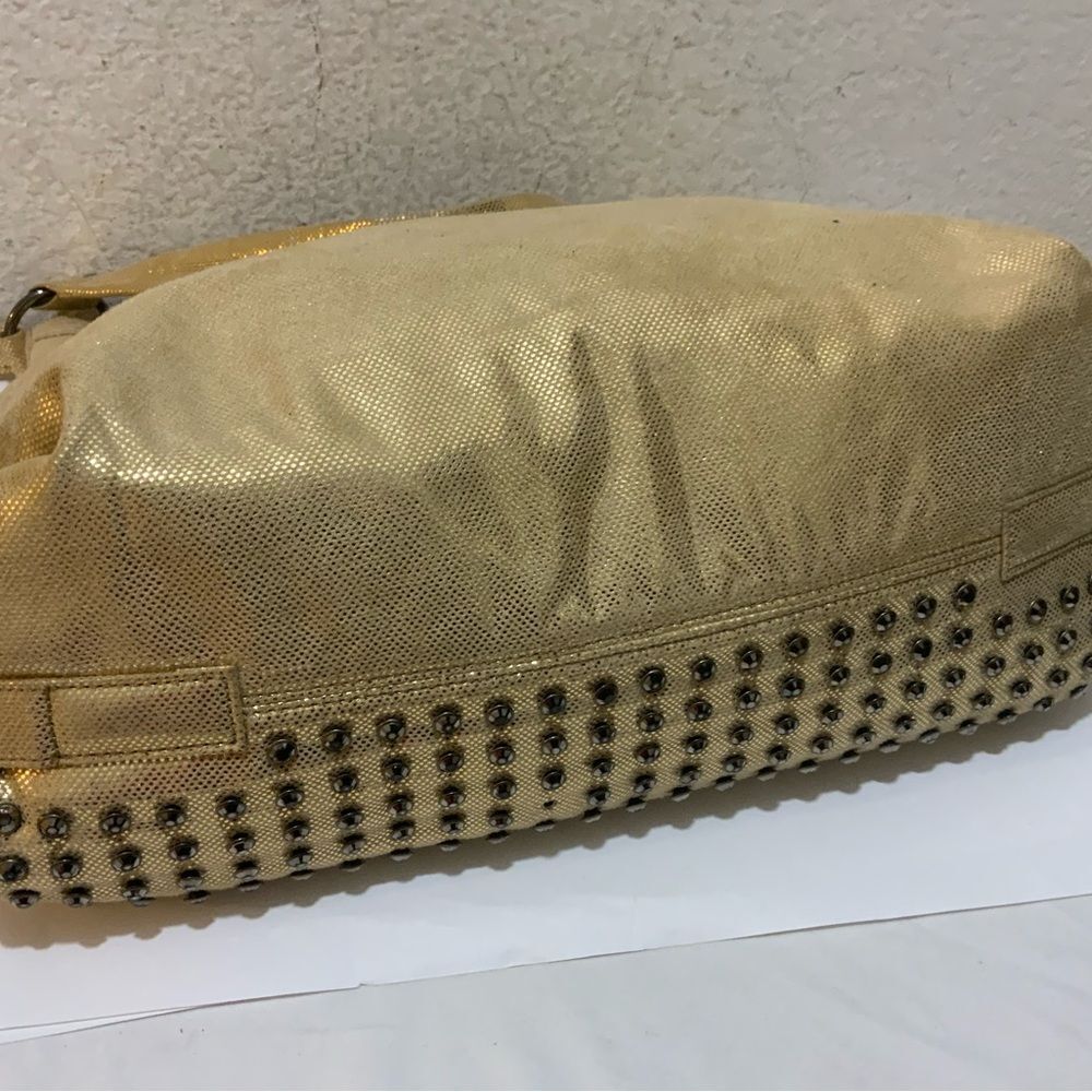 New LATIQUE purse pretty gold metallic studded shoulder bag canvas HOBO - Picture 5 of 10